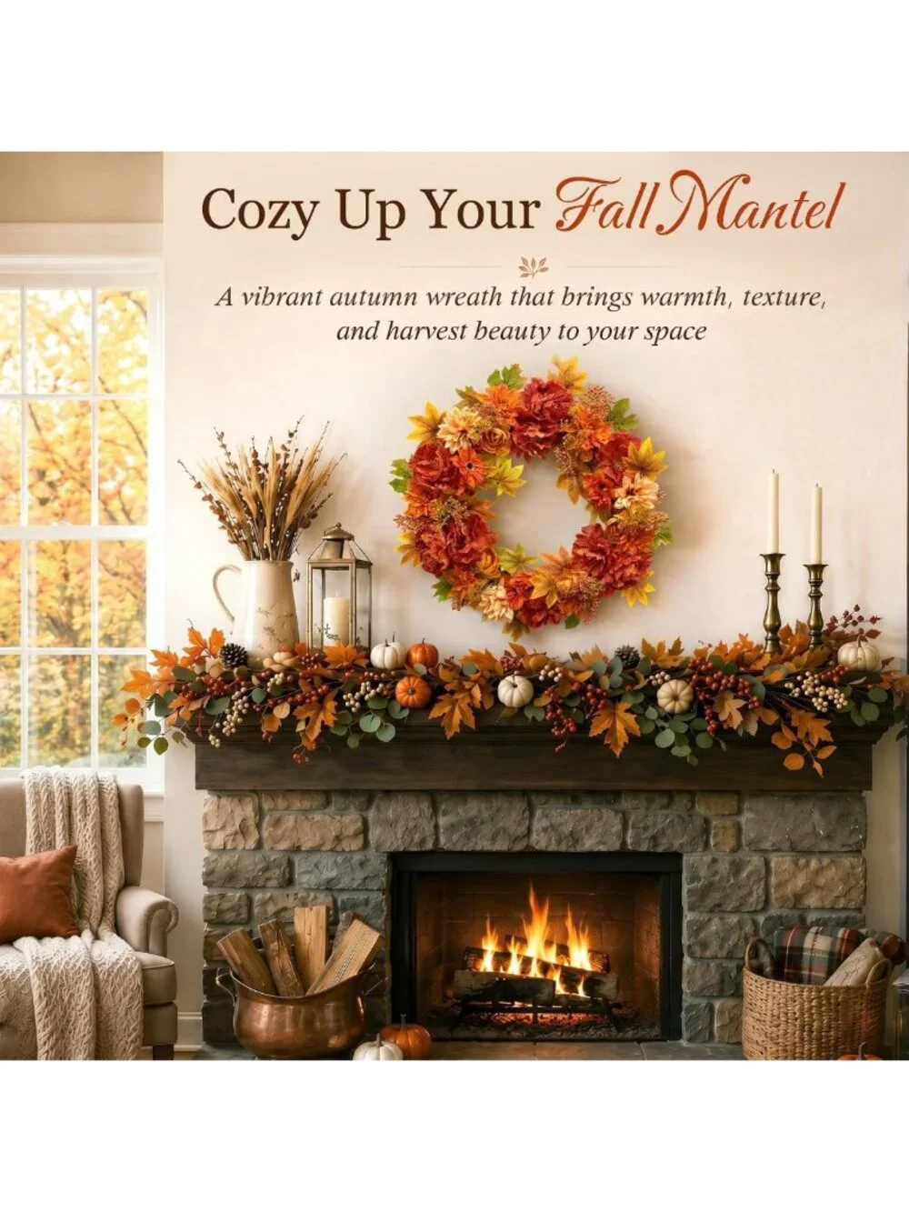 24-Inch Autumn Flower Wreath for Front Door - Fall Decor, Seasonal Home Accent